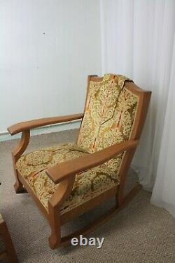 1920's Mission / Arts and Crafts upholstered oak rocking chair with foot stool