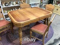 1945 Monterey Style Oak Table & 4 Chairs Hand-Stenciled Art Deco Florals 34 X 48