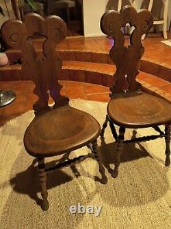 19th Century Arts Crafts Mission Carved Quarter Sawn Oak Pair Side Chairs