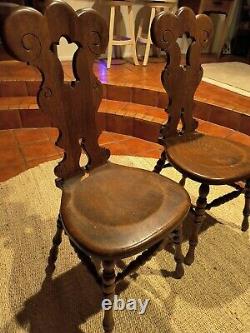 19th Century Arts Crafts Mission Carved Quarter Sawn Oak Pair Side Chairs