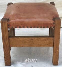 20th C Arts & Crafts / Mission Oak Style Burnt Orange Leather Top Footstool