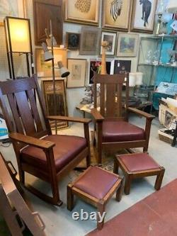 2 Arts & Crafts mission L & Jg Stickley Oak rocker Arm Chairs stools