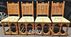 4 Antique Spanish Revival Mission Oak Jacobean Style Dining Chairs