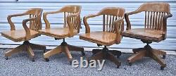 (4) Vintage Lawyer Banker Rolling Office Arm Chairs Set Of Four