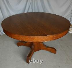 Antique Arts & Crafts Mission 54 Round Oak Dining Table with 5 Original Leaves