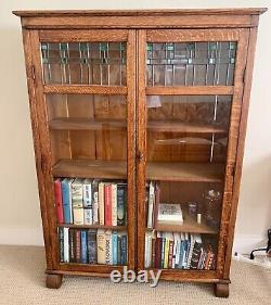 Antique Arts & Crafts/Mission Larkin Oak Bookcase with Stained Glass Doors