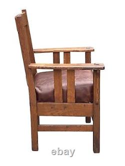 Antique Arts & Crafts / Mission Oak Armchair With Leather Seat