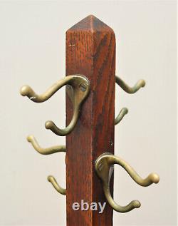 Antique Arts & Crafts Mission Oak Hall Tree Coat Hat Rack Brass Hooks 55