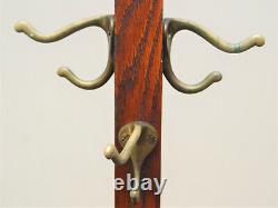 Antique Arts & Crafts Mission Oak Hall Tree Coat Hat Rack Brass Hooks 55