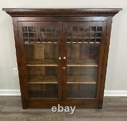 Antique Arts Crafts Mission Oak Two Door Glass Bookcase Cabinet Stickley Style