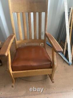 Antique Arts & Crafts Mission Stickley Style Oak Slat Back Rocking Chair