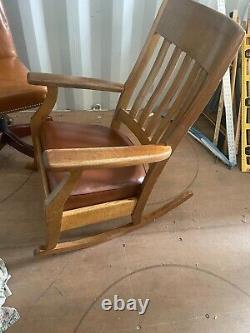 Antique Arts & Crafts Mission Stickley Style Oak Slat Back Rocking Chair