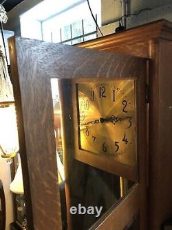 Antique Arts & Crafts Quarter Sawn Oak Working Grandfather Clock Mission Style