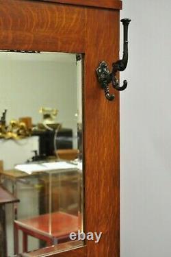 Antique Arts & Crafts Tiger Oak Mission Hall Coat Rack Tree Mirror Bench Seat