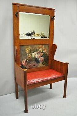 Antique Arts & Crafts Tiger Oak Mission Hall Coat Rack Tree Mirror Bench Seat