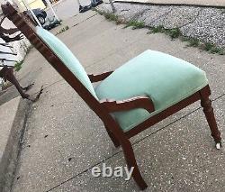 Antique Carved Mint Pastel Creme De Menthe Mission Style Oak Sitting Room Chair