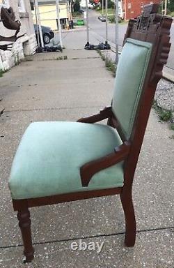 Antique Carved Mint Pastel Creme De Menthe Mission Style Oak Sitting Room Chair