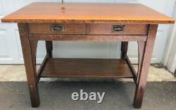 Antique Gustav Stickley 2 Drawer Mission Oak Library Table- Red Decal