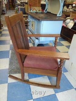 Antique Mission Arts & Crafts Cane Back Oak Wood Rocking Chair