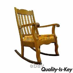 Antique Mission Arts & Crafts Carved Solid Oak Rocking Lounge Chair Rocker vtg