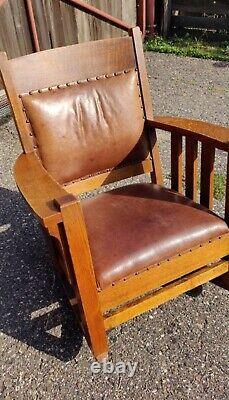 Antique Mission Arts & Crafts Leather Quarter Sawn Oak Rocking Chair