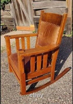 Antique Mission Arts & Crafts Leather Quarter Sawn Oak Rocking Chair