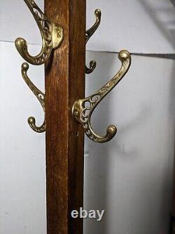 Antique Mission Arts & Crafts Oak Wood Hall Tree Stand Coat Rack Brass Hooks N62