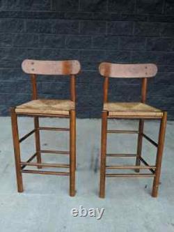 Antique Mission Arts & Crafts Turned Oak Shaker Rush Seat Counter Bar Stools