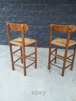 Antique Mission Arts & Crafts Turned Oak Shaker Rush Seat Counter Bar Stools