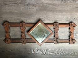 Antique Mission Diamond Mirror Oak Hanging Entry Hall Tree Coat Hat Rack