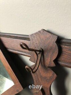 Antique Mission Diamond Mirror Oak Hanging Entry Hall Tree Coat Hat Rack