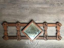 Antique Mission Diamond Mirror Oak Hanging Entry Hall Tree Coat Hat Rack