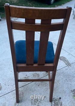 Antique Mission Oak Amish Dining Chair Solid Oak Blue Velvet Sturdy + Nice