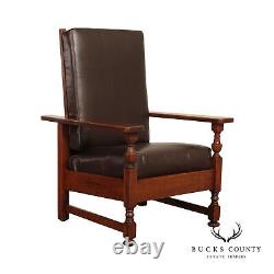 Antique Mission Oak Leather Reclining Morris Arm Chair