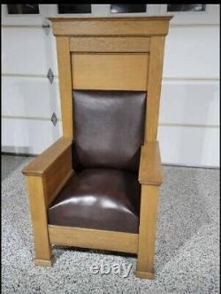 Antique Mission Oak Throne Chair Deacons Leather Arts & Crafts? Bench Arm Tall