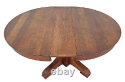 Antique Mission Solid Quarter Sawn Oak Round Oak Dining Table & 1 Leaf 1910s