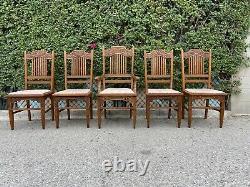 Antique Mission Style Oak Set Of 5 Dining Chairs Early American