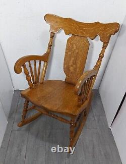 Antique Mission Tiger Oak Wood Windsor Rocking Arm Chair Turned Spindles