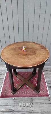 Antique Oak Arts and Crafts Mission Center Table with Scroll feet and X base