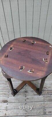 Antique Oak Arts and Crafts Mission Center Table with Scroll feet and X base