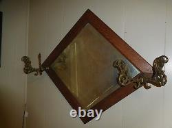Antique Oak Frame Beveled Mirror Brass Coat Rack Vintage Mission Arts & Crafts