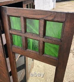 Antique Oak Mission Arts & Crafts 2 Door Bookcase Green Stained Glass