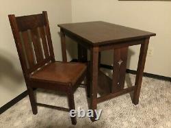 Antique Oak Mission Library Desk Table with Matching Chair