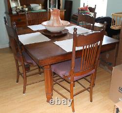 Antique Oak Mission Style Dining Room Table with 6 Chairs and 3 Leaves