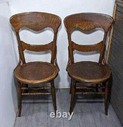 Antique Pair Victorian Quartersawn Mission Arts & Crafts Oak Wood Dining Chairs