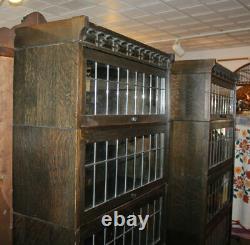 Antique Pair of Arts and Crafts Mission Oak Bookcases with leaded glass doors