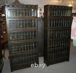 Antique Pair of Arts and Crafts Mission Oak Bookcases with leaded glass doors