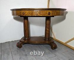 Antique Quartersawn Tiger Oak Wood Oval Library Desk Pedestal Table Empire