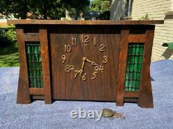 Antique Sessions Western Mission Mantel Shelf Clock Green Slag Glass Panels Runs