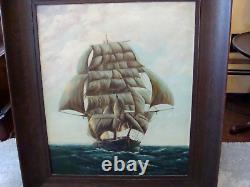 Antique Signed OIL Painting Mission OAK Frame Clipper Ship at sea Original 28x32